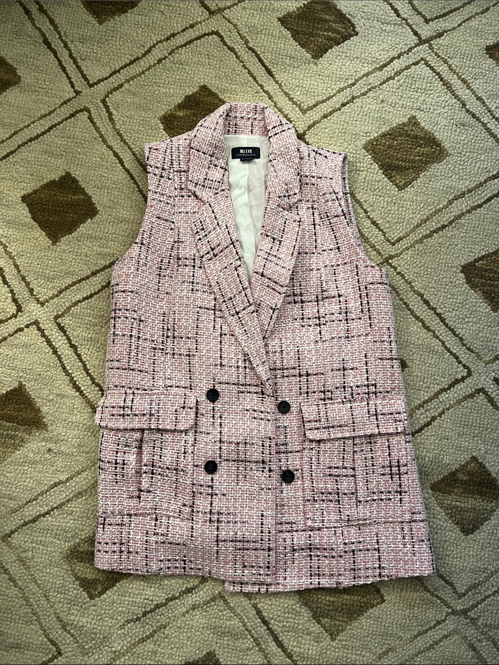 MAEVE Pink Tweed Sleeveless Double-Breasted Vest Jacket